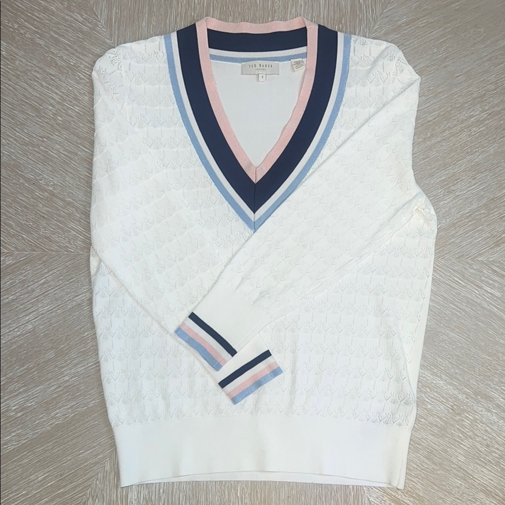 Ted Baker Pink and White V-Neck Sweater